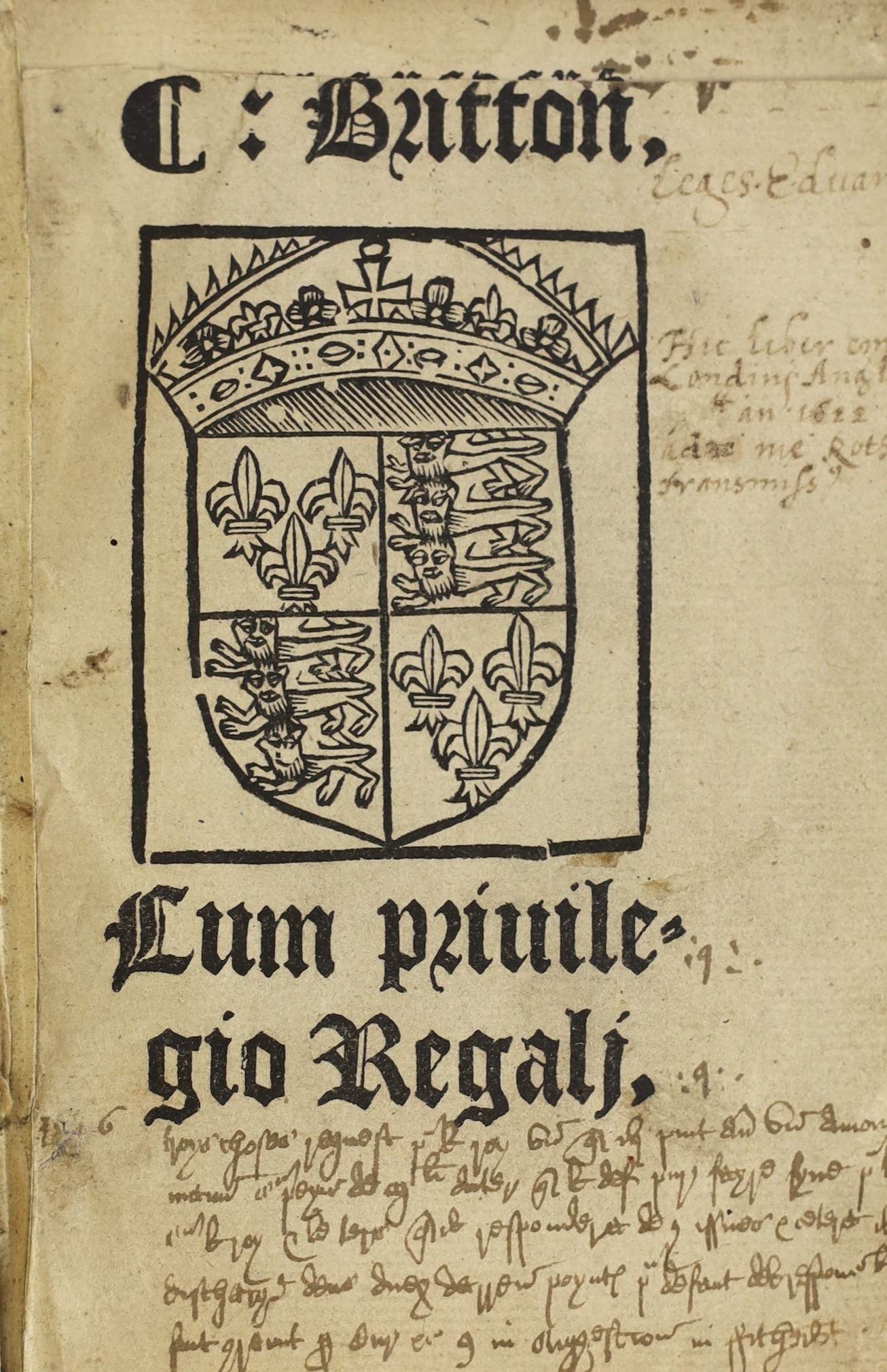 (Le Breton, John) Cum Privilegio Regali. First Edition. engraved arms on title. (6),(362)ff., black letter, old blind decorated panelled calf, stamped CM in centre of both covers, parts of an old service book used as e/p